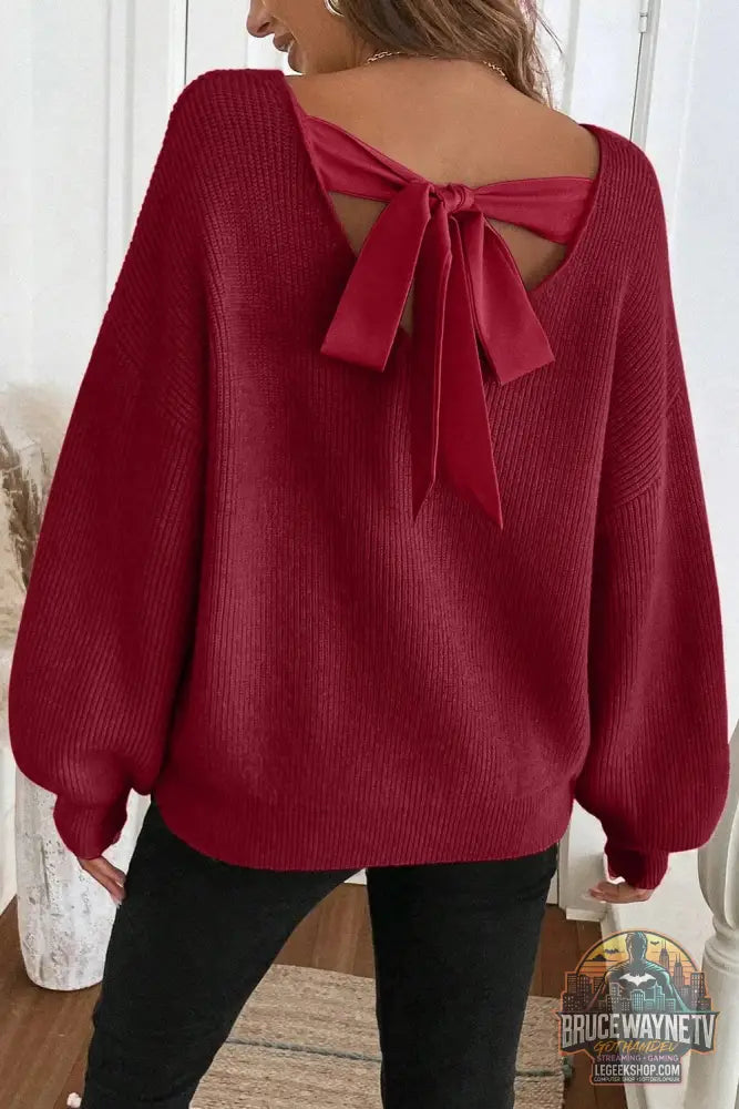Pull Femme Tricoté Dos Nu Nœud Épaules Tombantes - Wine Red / S - Pull Femme