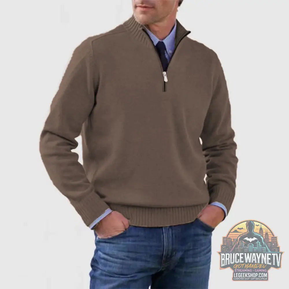 🧶 Pull Homme Col Montant Zip Tricoté Slim Fit 🧶 - Brown / M - Pull Homme