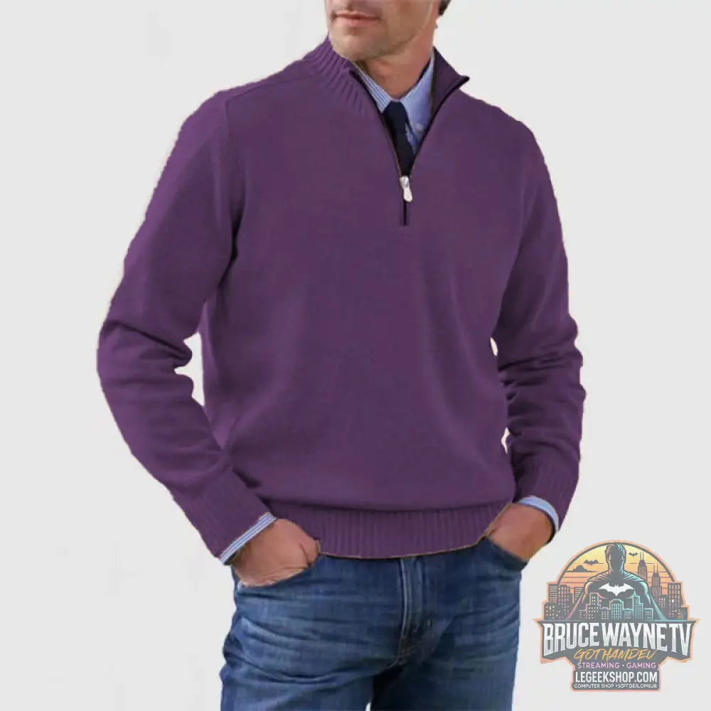 🧶 Pull Homme Col Montant Zip Tricoté Slim Fit 🧶 - Dark Purple / M - Pull Homme