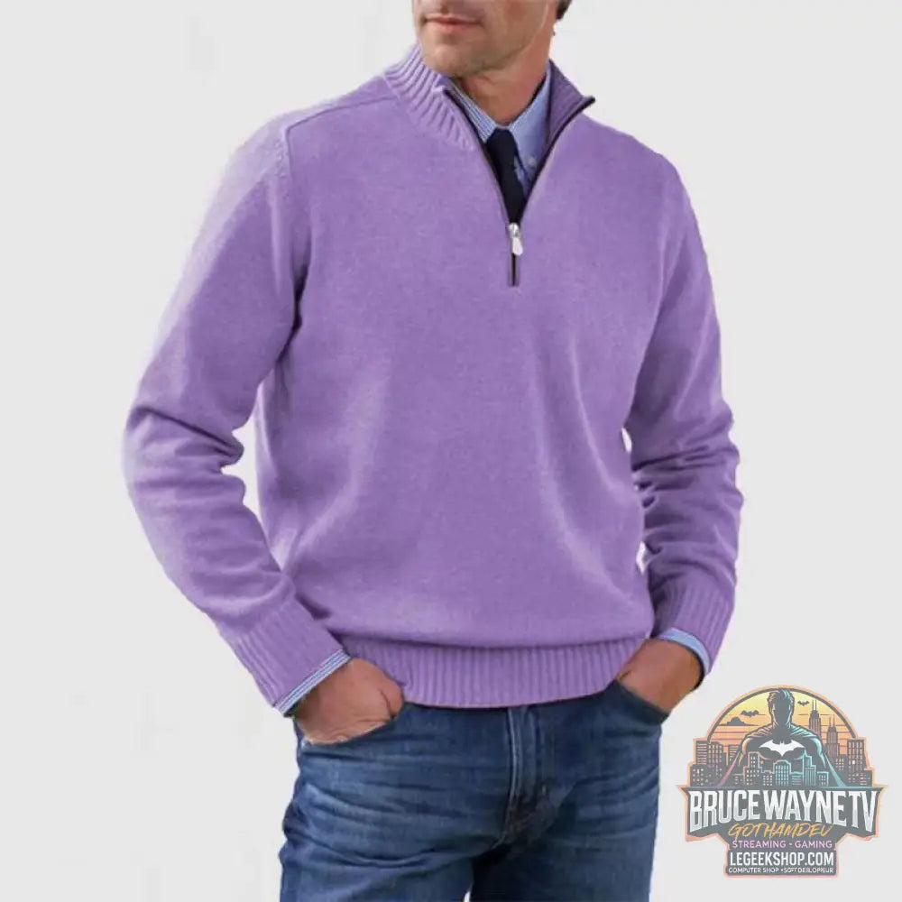 🧶 Pull Homme Col Montant Zip Tricoté Slim Fit 🧶 - Purple / M - Pull Homme