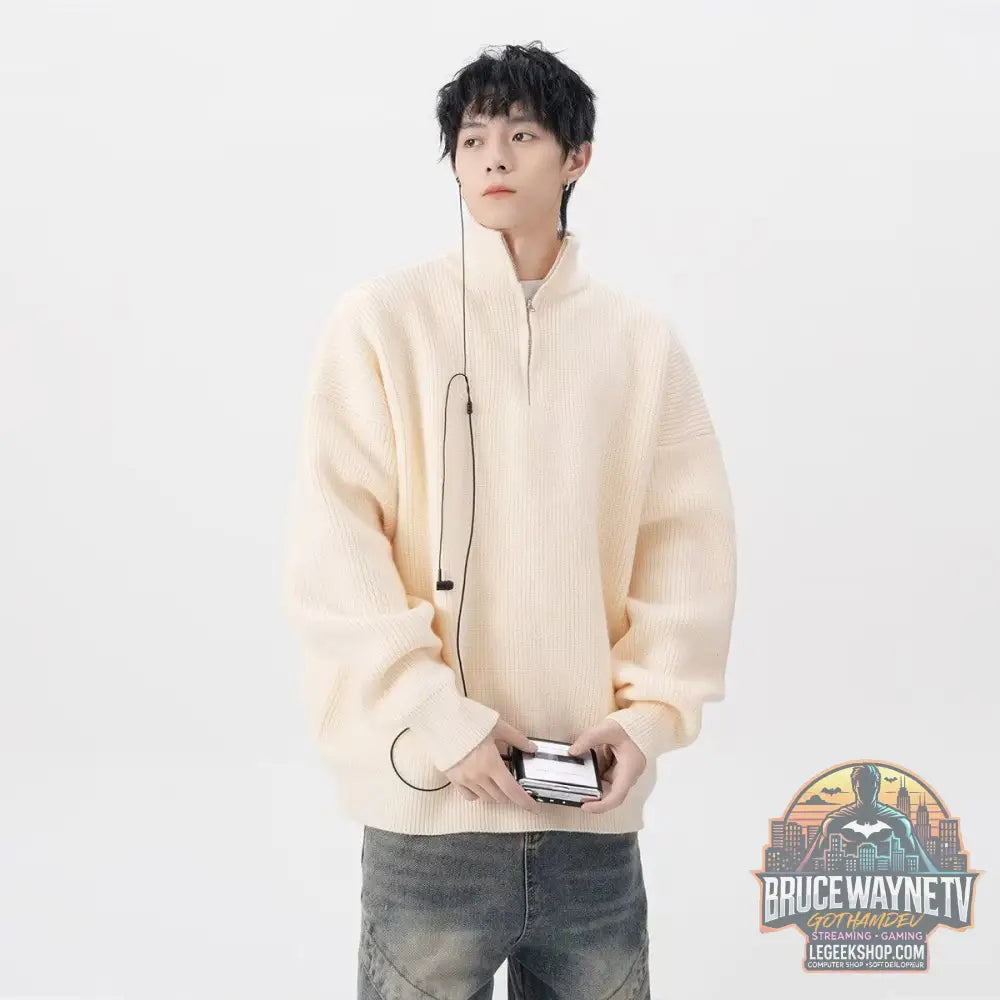 Pull Homme Demi-Zip Destroyed Loose Style Américain - Apricot / M - Pull Homme