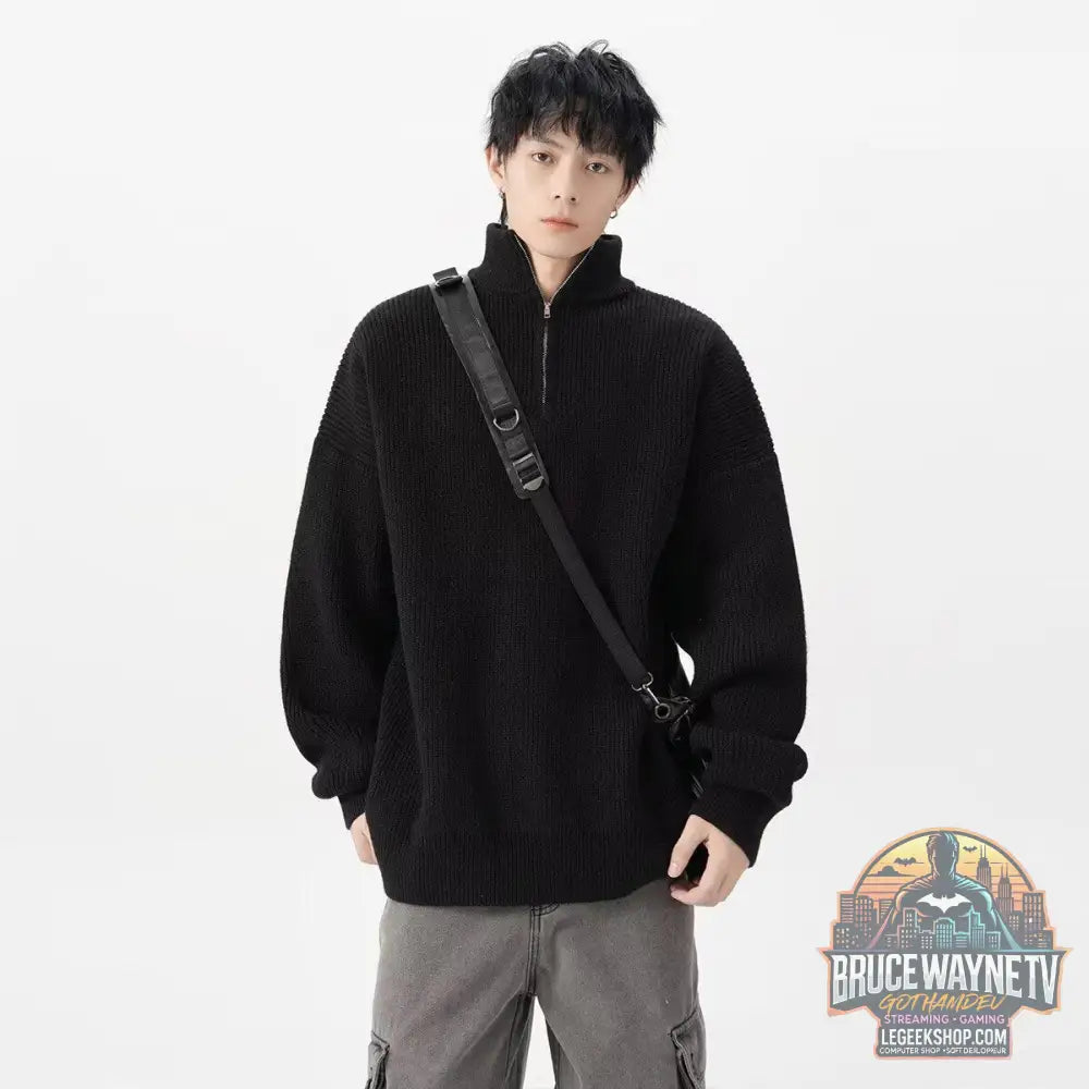 Pull Homme Demi-Zip Destroyed Loose Style Américain - Black / M - Pull Homme