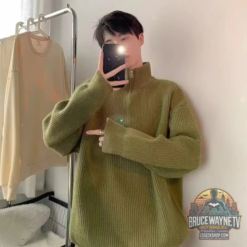 Pull Homme Demi-Zip Destroyed Loose Style Américain - Green / M - Pull Homme