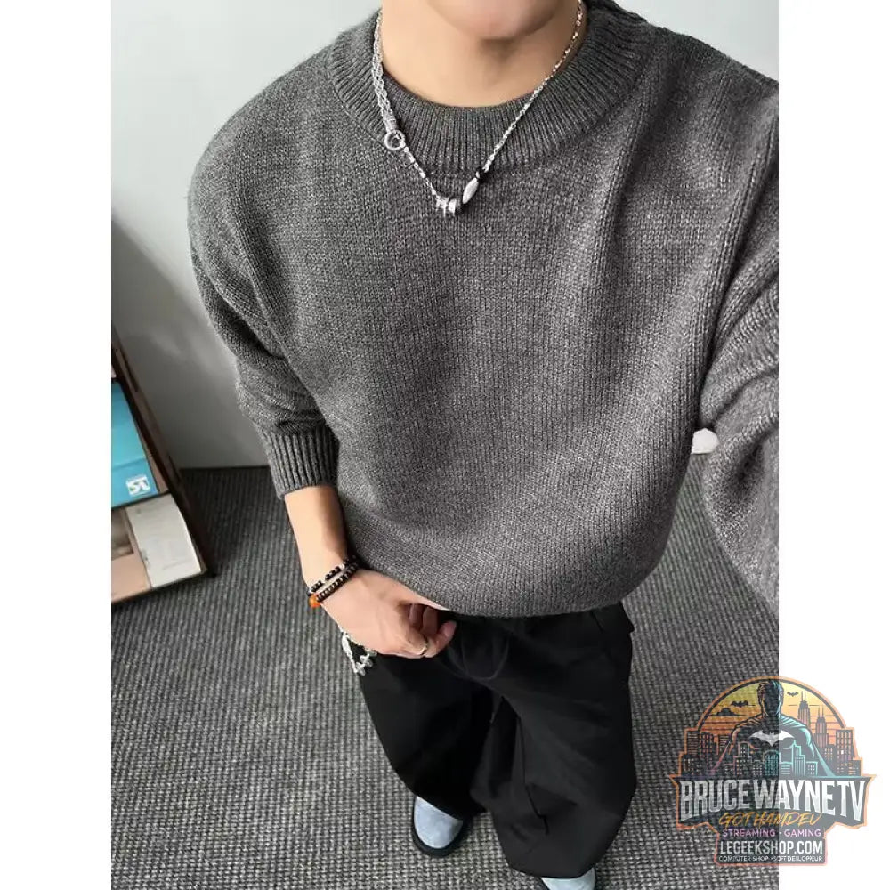 Pull Homme Loose Faux 2 Pièces Col Rond Coton Mélangé - Dark Gray / M - Pull Homme