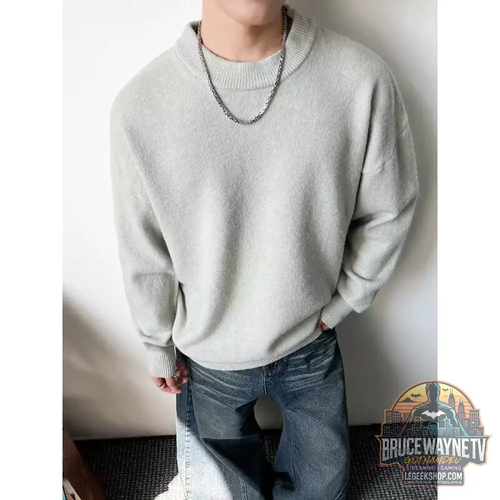 Pull Homme Loose Faux 2 Pièces Col Rond Coton Mélangé - Light Gray / M - Pull Homme