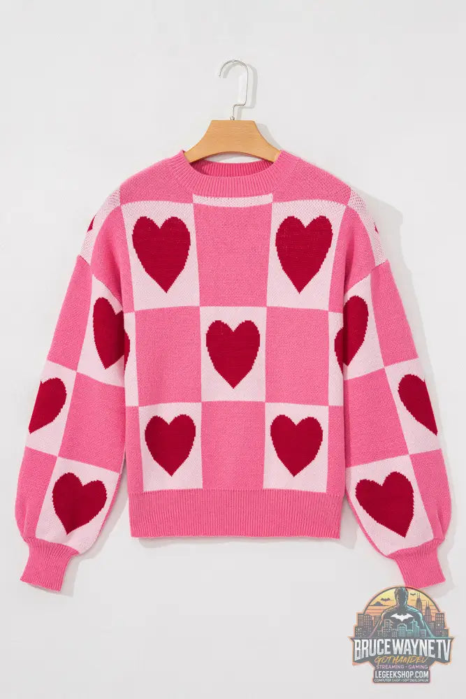 Pull ras du cou à carreaux rose Love Heart pour la Saint-Valentin - Sweaters & Cardigans/Sweaters