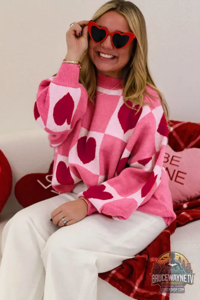 Pull ras du cou à carreaux rose Love Heart pour la Saint-Valentin - Sweaters & Cardigans/Sweaters