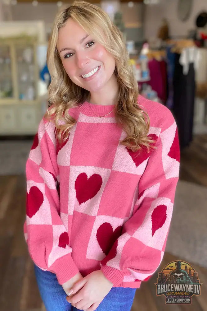 Pull ras du cou à carreaux rose Love Heart pour la Saint-Valentin - Sweaters & Cardigans/Sweaters