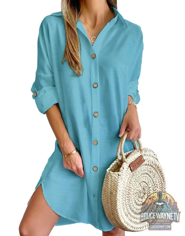 Robe Chemise Automne Manches Longues Col Boutons Casual - Blue / S - Robe Femme