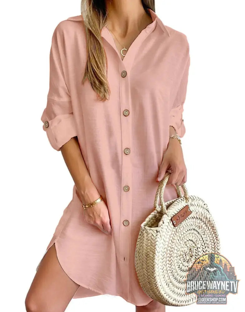 Robe Chemise Automne Manches Longues Col Boutons Casual - Pink / S - Robe Femme