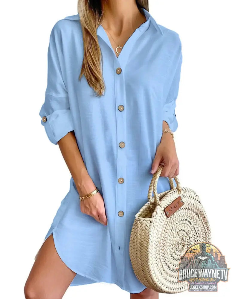 Robe Chemise Automne Manches Longues Col Boutons Casual - Sky Blue / S - Robe Femme
