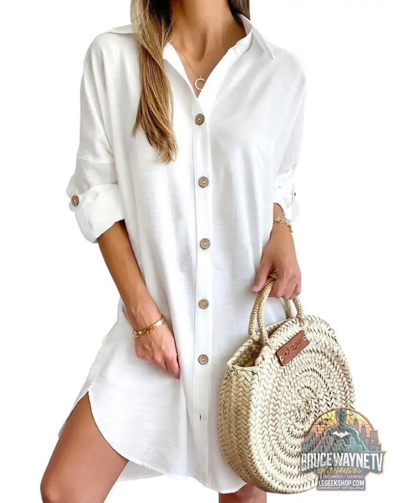 Robe Chemise Automne Manches Longues Col Boutons Casual - White / S - Robe Femme