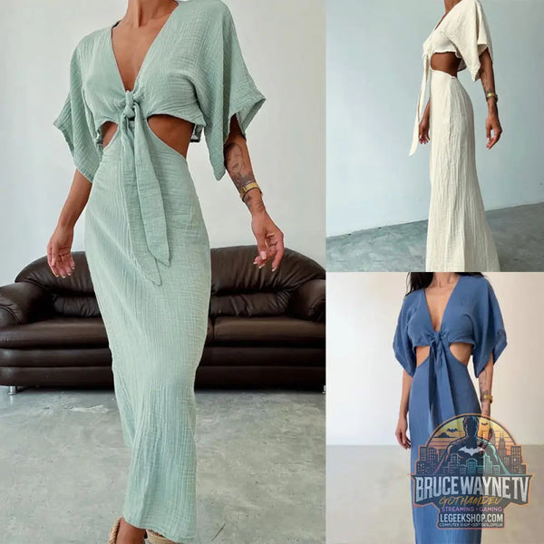 Robe Été Longue Décolleté V Ajourée Taille Élastique - Robe Été