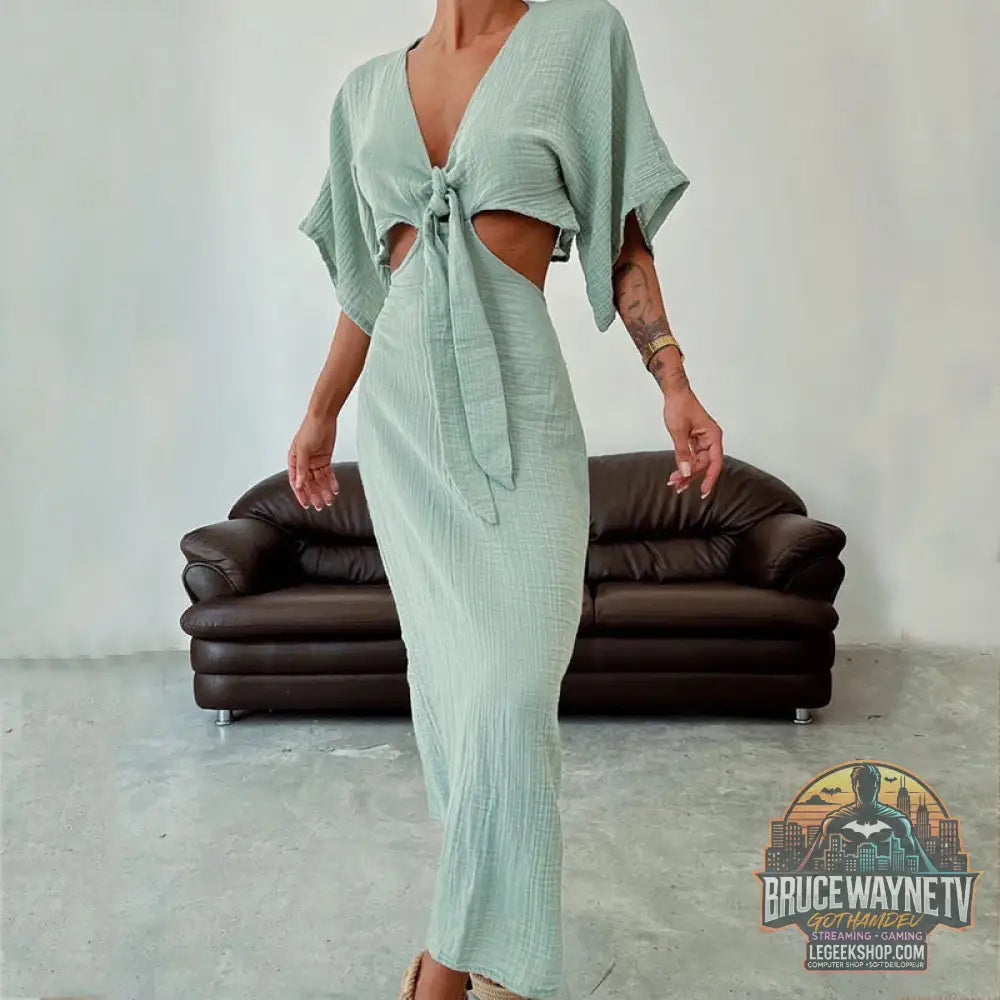 Robe Été Longue Décolleté V Ajourée Taille Élastique - Green / S - Robe Été