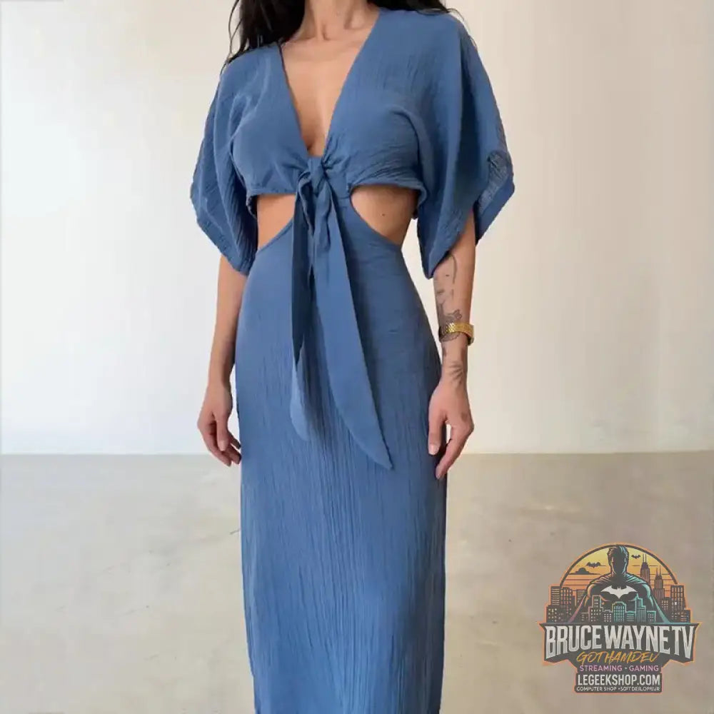 Robe Été Longue Décolleté V Ajourée Taille Élastique - Sapphire Blue / S - Robe Été
