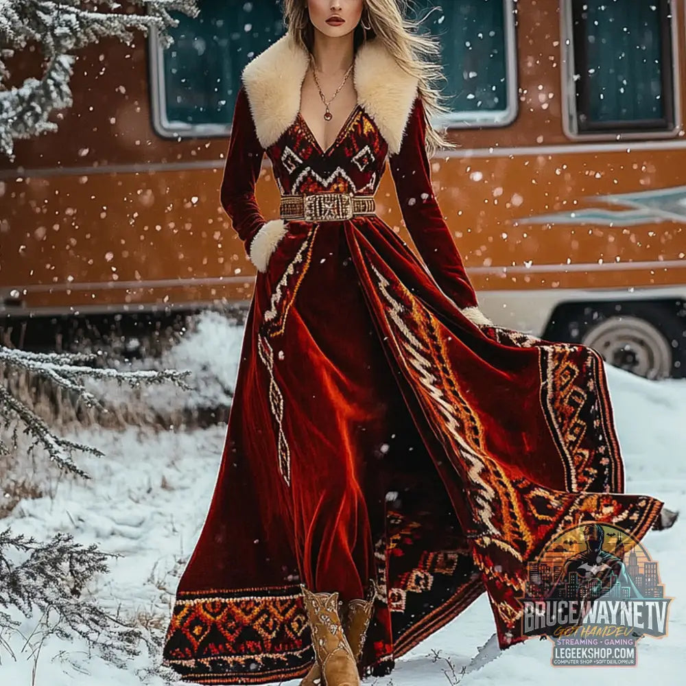 Robe Femme Longue Col Fourrure Épaissie Taille Haute - Robe Femme