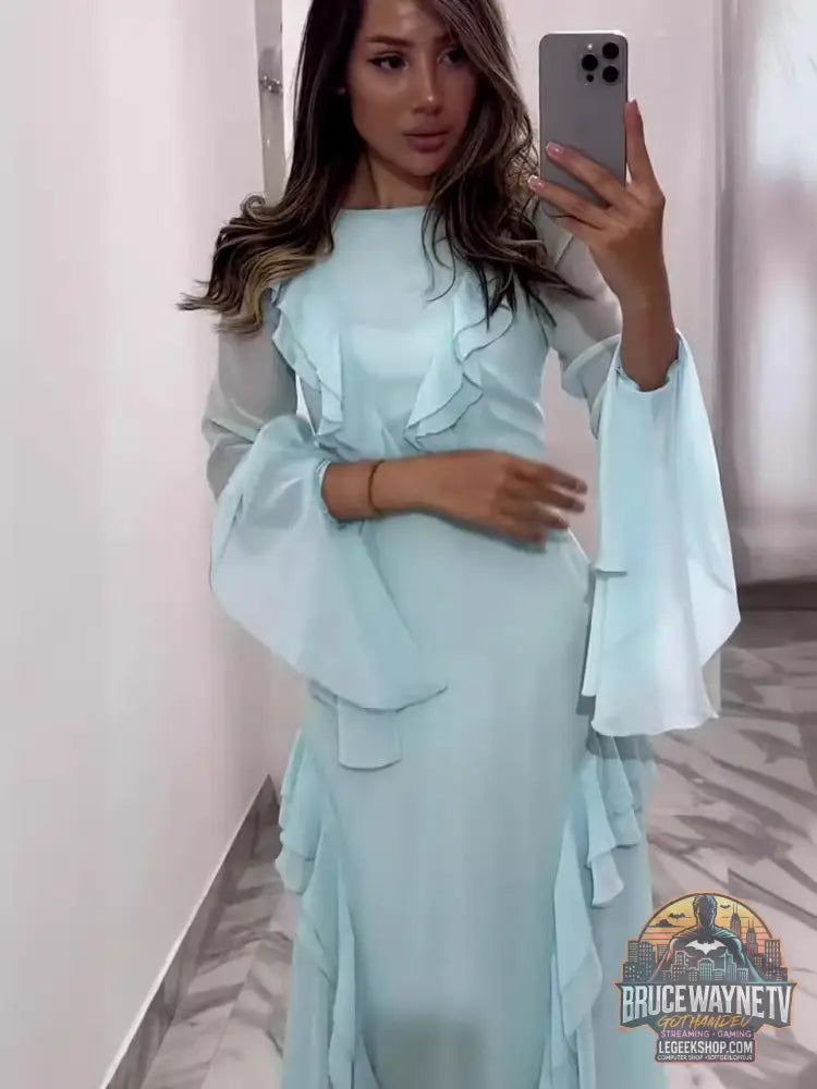 Robe Longue Col Rond Volants Manches Longues Élégante - Robe Femme