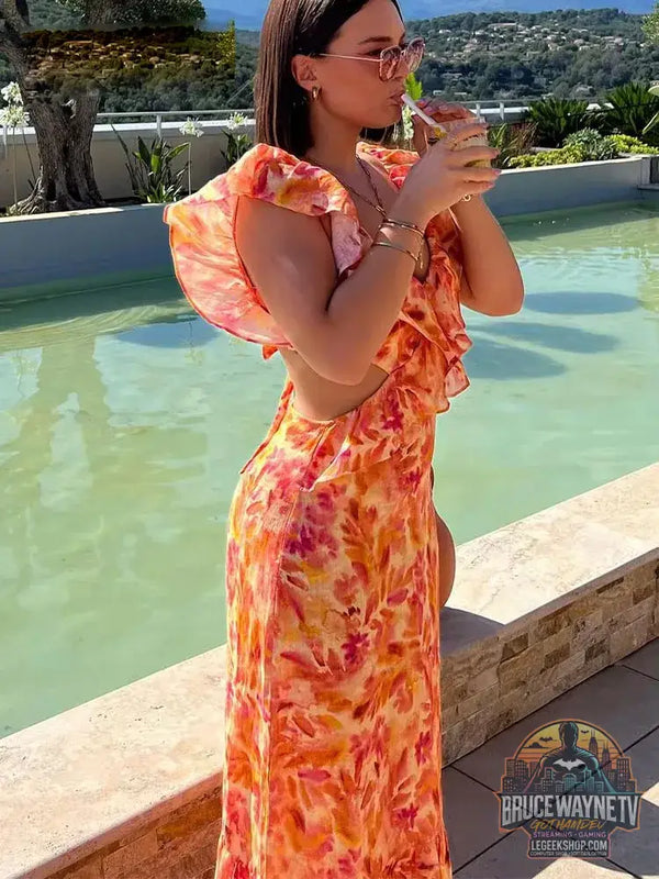Robe longue Orange pour femmes mode d’été Sexy col en v sans manches dos nu imprimé à volants ajouré robes de plage