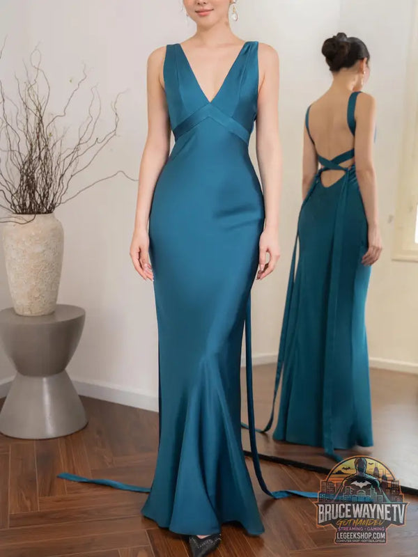 Robe Soirée Longue Bleu Lac Dos Nu Bretelles Élégante - Robe Soirée