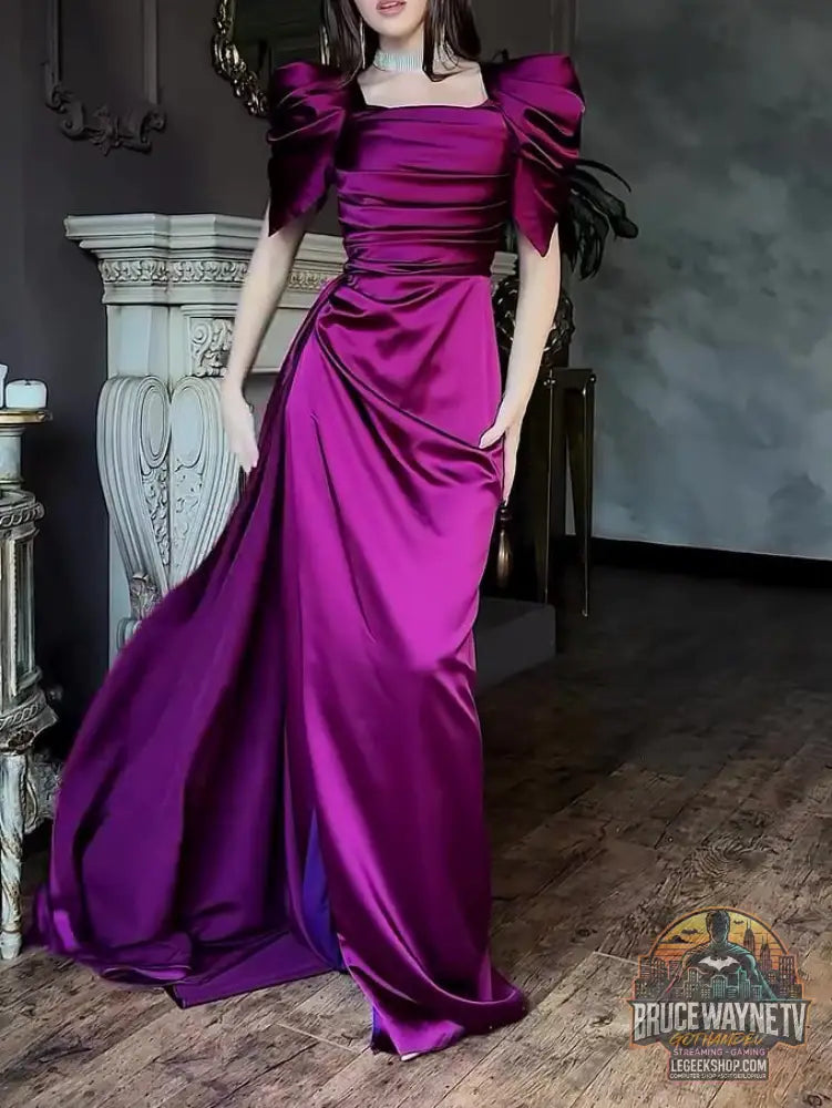 Robe Soirée Longue Manches Bouffantes Plissée Fendue - Robe Soirée