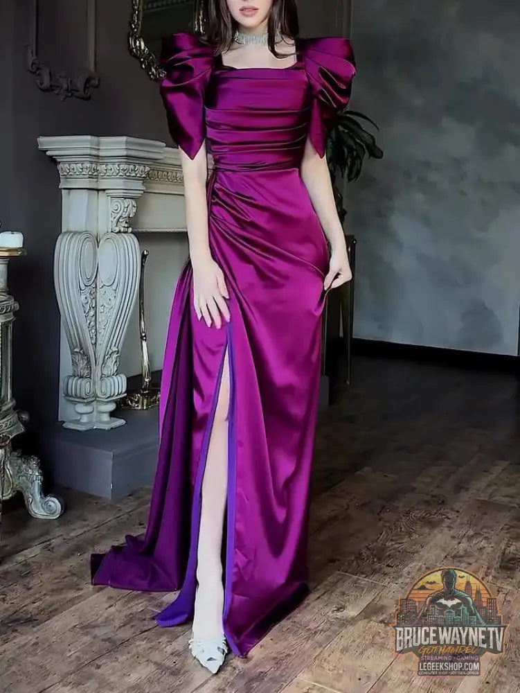 Robe Soirée Longue Manches Bouffantes Plissée Fendue - Robe Soirée