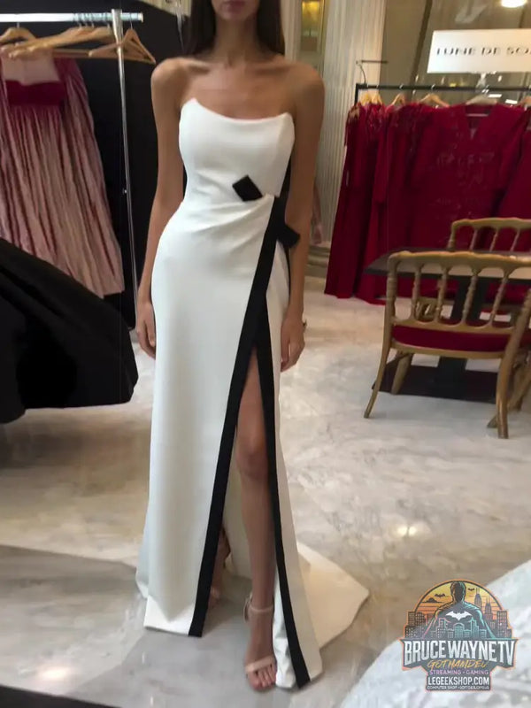 Robe Soirée Longue Noir Blanc Bustier Fendue Élégante - Robe Soirée