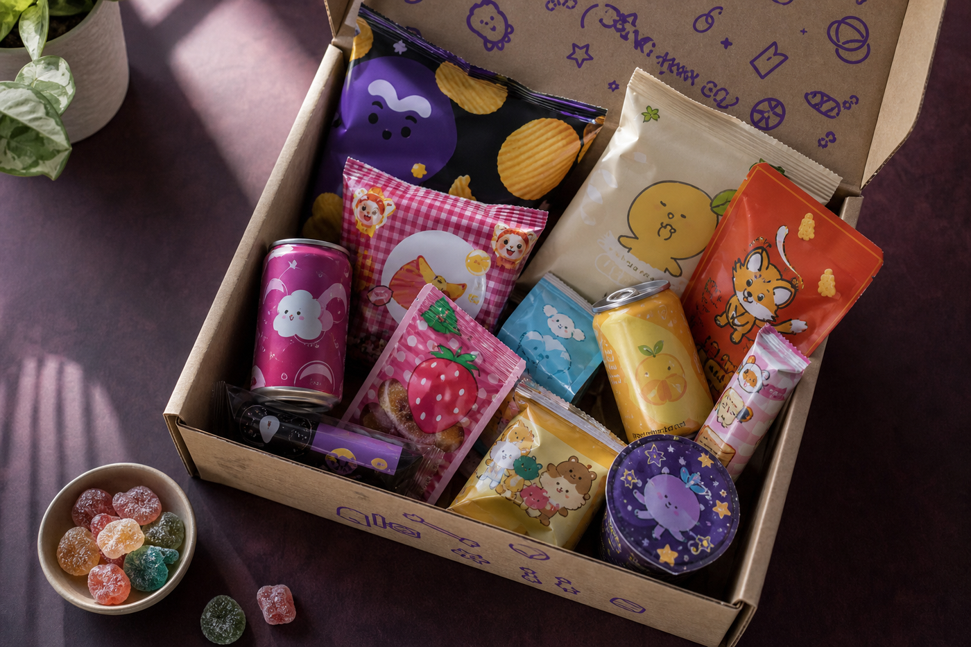 Unboxing flat-lay Snack Box internationale — Candy Geekland