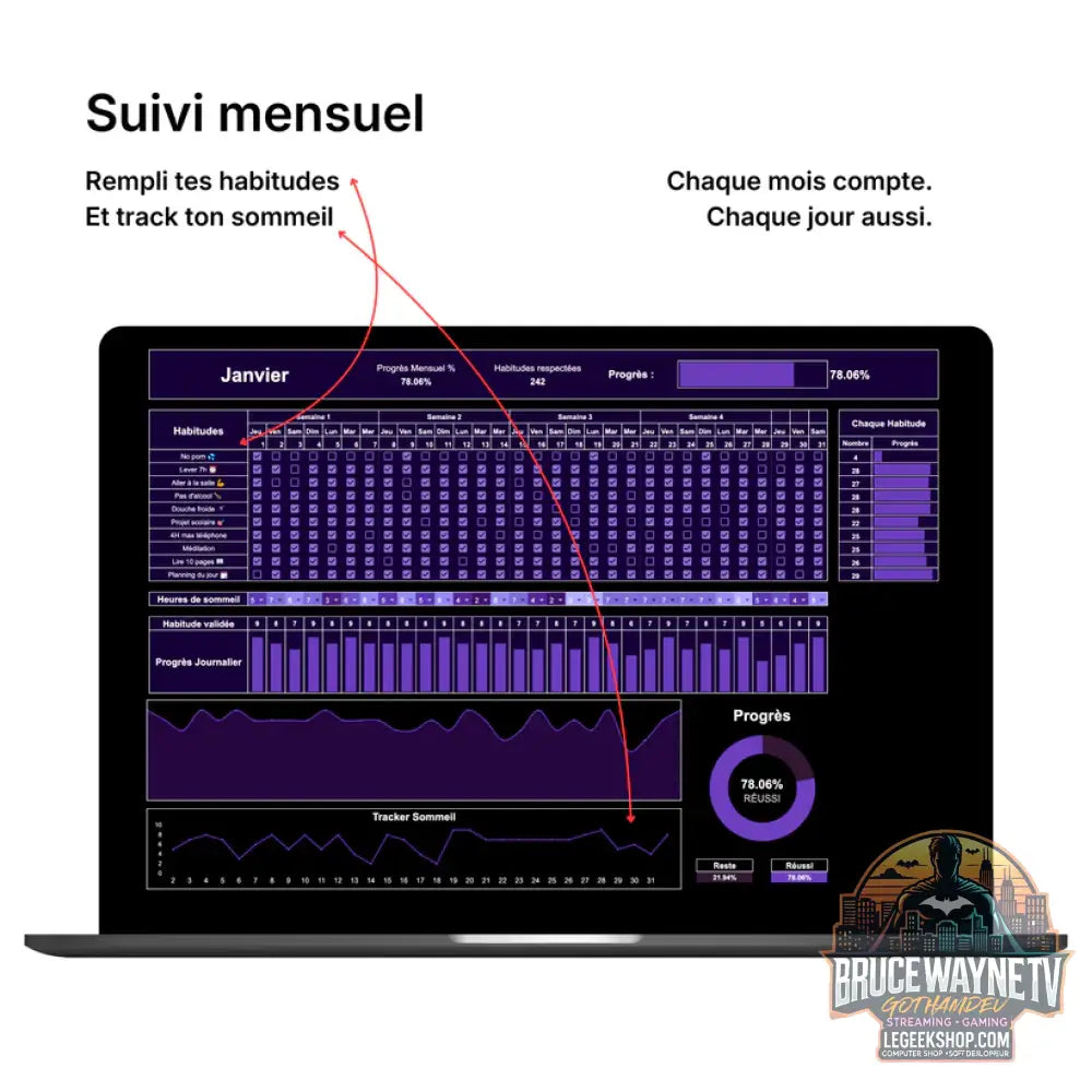 Tracker d’Habitude 2.0 Pro - Google Sheets par GothamDev - Google Sheets - Productivité