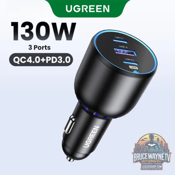 UGREEN 130W 3-Port Fast Car Charger, chargeur noir / bleu
