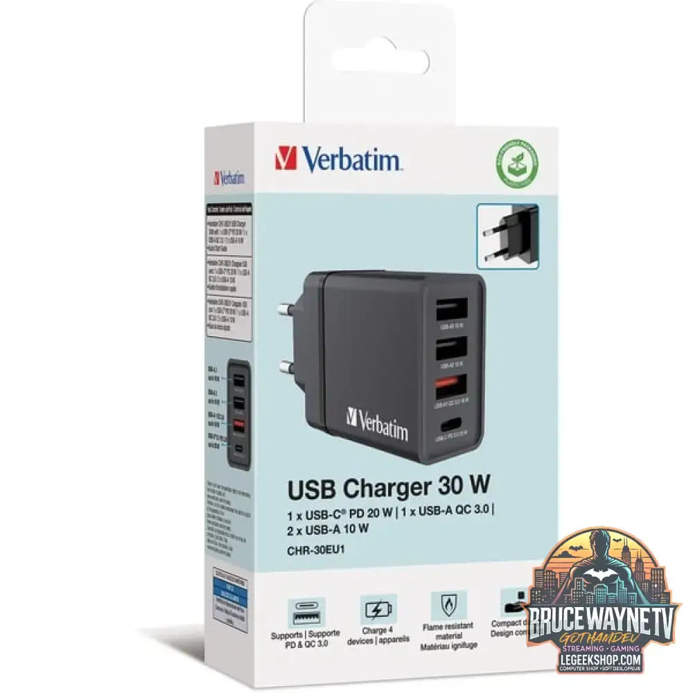 Verbatim Ladegerät 30W, 1x USB-C, 3x USB-A schwarz, PD 3.0, QC 3.0 - Verbatim - vue 5