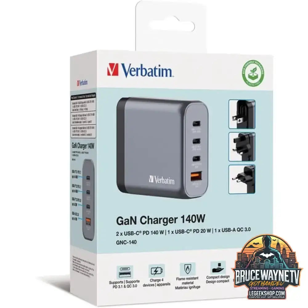 Verbatim GaN-Ladegerät 140W, 1x USB-A, 3x USB-C grau, PD 3.1, PD 3.0, QC 3.0 - Verbatim - vue 7