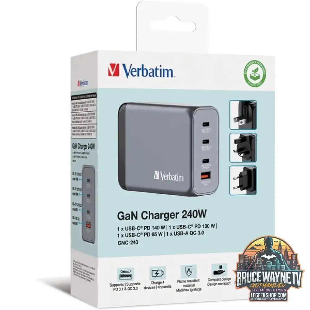 Verbatim GaN-Ladegerät 240W, 1x USB-A, 3x USB-C grau, PD 3.0, QC 3.0 - Verbatim - vue 7