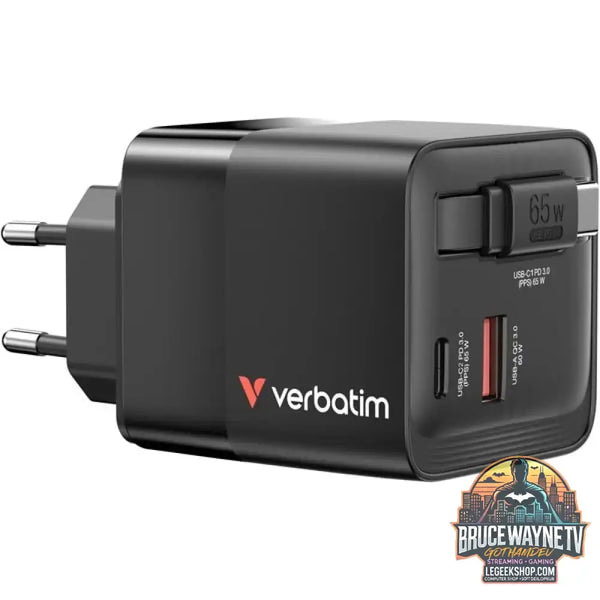 Verbatim GaN-Ladegerät 65W, 1x USB-A, 2x USB-C, ausziehbares Kabel schwarz, PD 3.0, QC 3.0 - Stromquelle: Steckdose