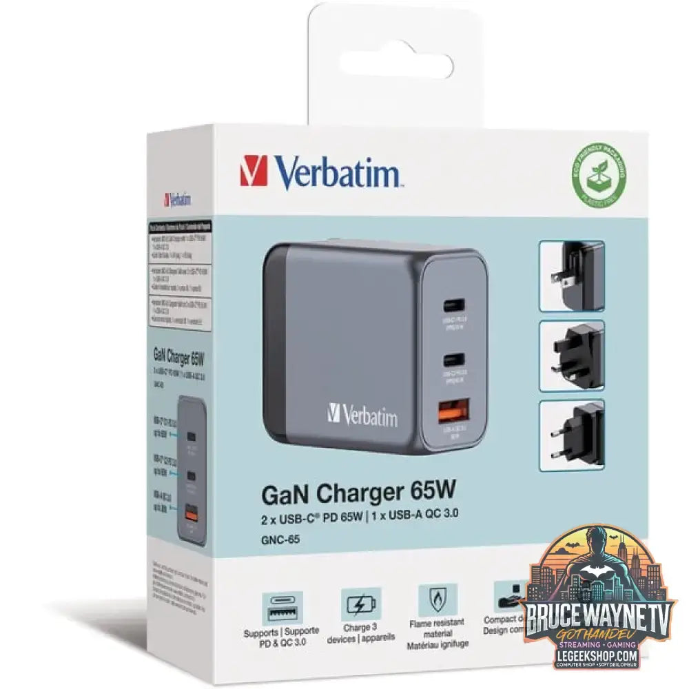 Verbatim GaN-Ladegerät 65W, 1x USB-A, 2x USB-C grau, PD 3.0, QC 3.0 - Verbatim - vue 4