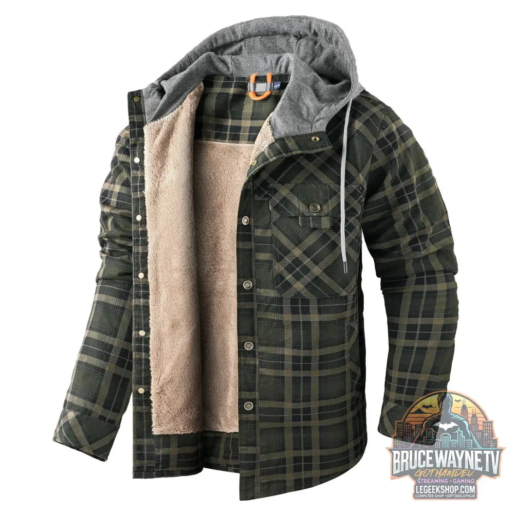 Veste Chemise Carreaux Homme Doublée Polaire Capuche Hiver - Army Green / S - Veste Chemise Homme