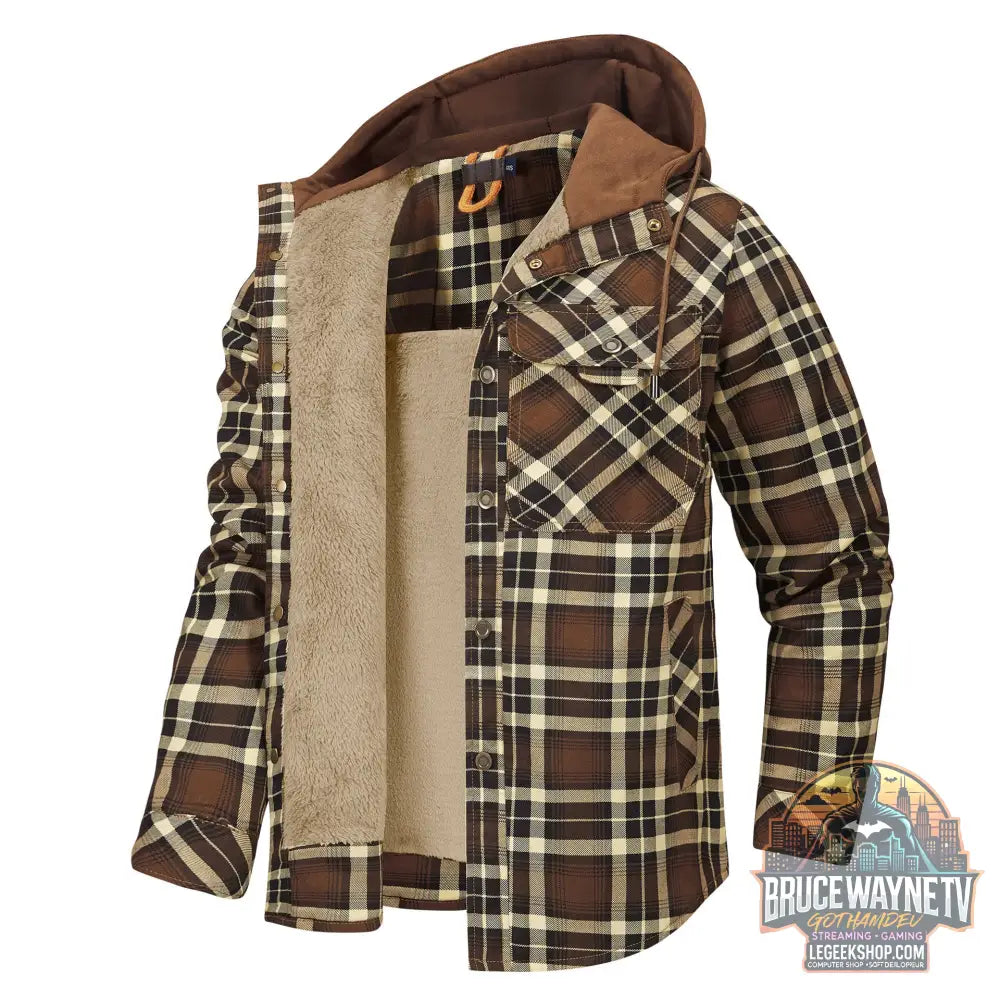 Veste Chemise Carreaux Homme Doublée Polaire Capuche Hiver - Brown / S - Veste Chemise Homme