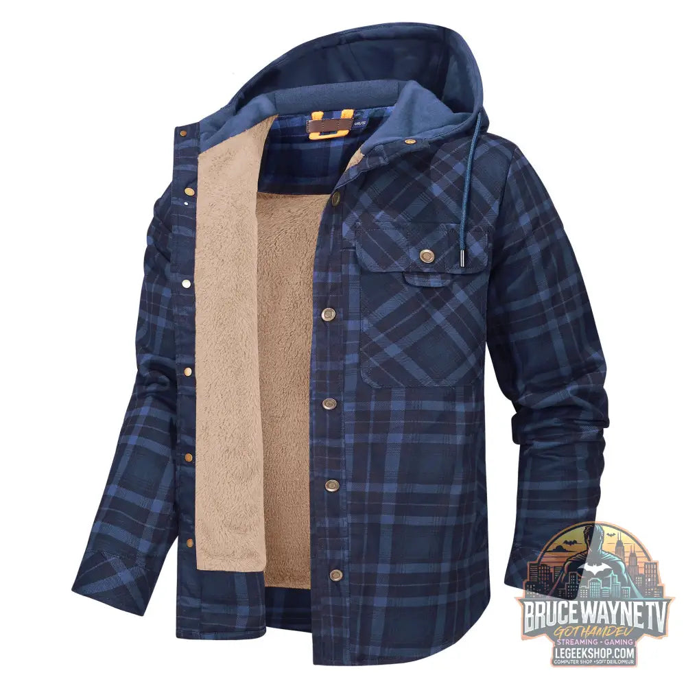 Veste Chemise Carreaux Homme Doublée Polaire Capuche Hiver - Dark Blue / S - Veste Chemise Homme