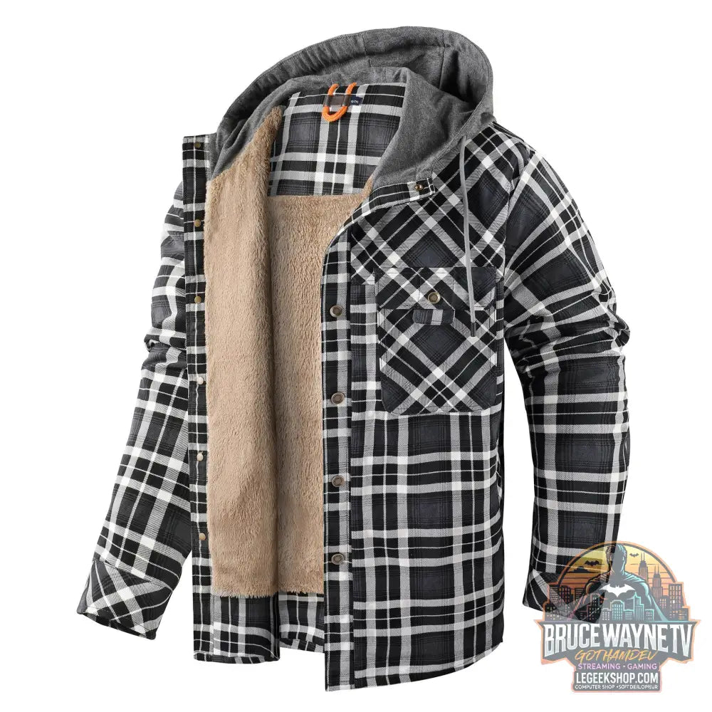 Veste Chemise Carreaux Homme Doublée Polaire Capuche Hiver - Gray / S - Veste Chemise Homme