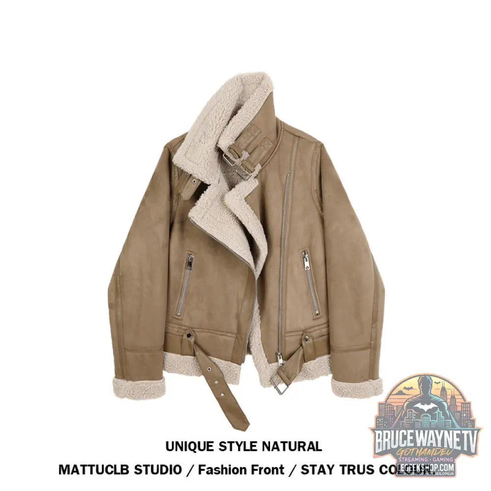 Veste Femme Laine Agneau Courte Motard Hiver Chaude - Khaki / M - Veste Femme