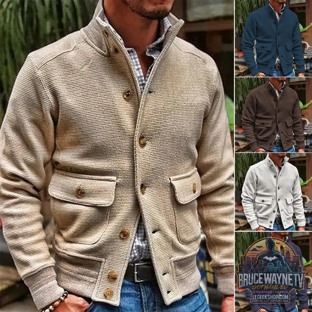 Veste Homme Col Montant Tricot Couleur Unie Décontractée Polyester - Veste Homme
