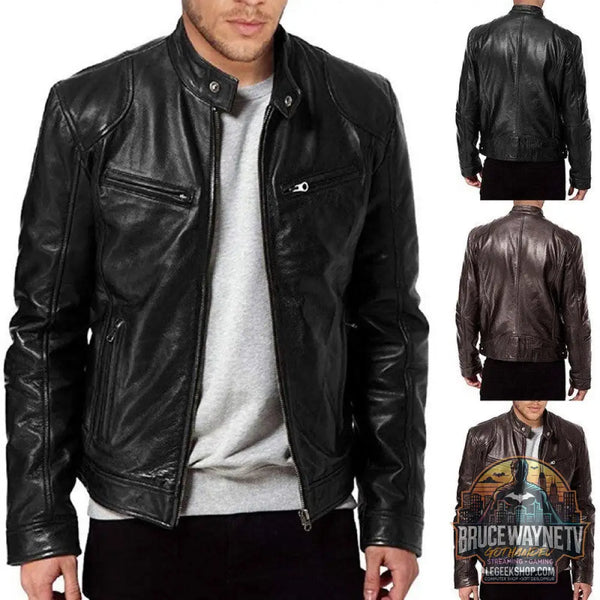 🧥 Veste Homme Cuir PU Col Montant Zip Poches Sport 🧥 - Veste Homme