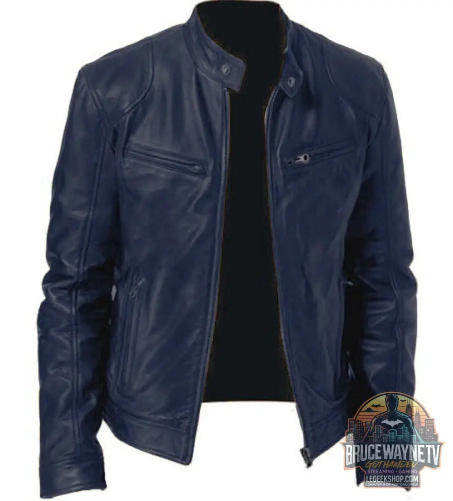 🧥 Veste Homme Cuir PU Col Montant Zip Poches Sport 🧥 - Dark Blue / 2XL - Veste Homme